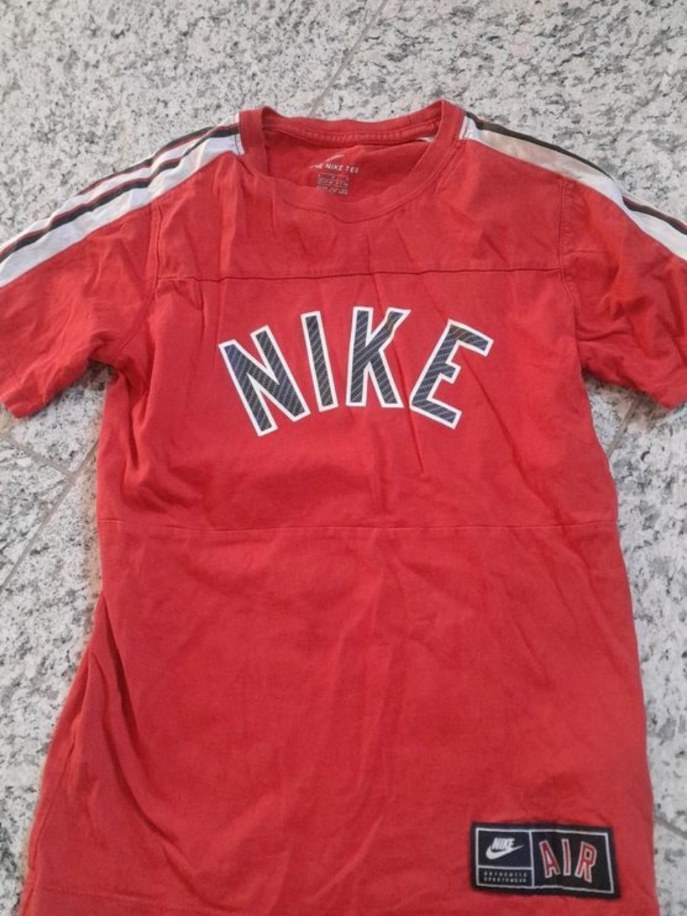 Nike Red Short-Sleeve Tee with White and Black Shoulder Stripes